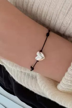 Korean Style Adjustable Drawstring Bracelet in S925 Pure Silver with Heart Design - Simple and Versatile Hand Rope Accessory