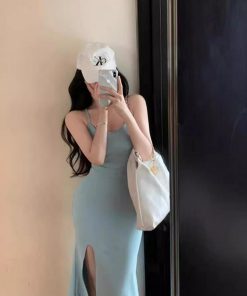 Korean-Style Backless Hollow Lace-Up Dress for Women, Fitted Waist Bodycon Mermaid Skirt, Figure-Flattering Evening Dress