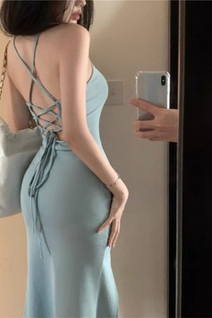 Korean-Style Backless Hollow Lace-Up Dress for Women, Fitted Waist Bodycon Mermaid Skirt, Figure-Flattering Evening Dress