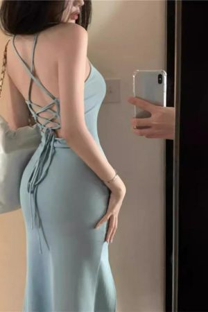 Korean-Style Backless Hollow Lace-Up Dress for Women, Fitted Waist Bodycon Mermaid Skirt, Figure-Flattering Evening Dress