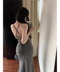 Korean-Style Backless Hollow Lace-Up Dress for Women, Fitted Waist Bodycon Mermaid Skirt, Figure-Flattering Evening Dress