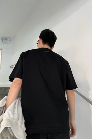 Korean Style Black and Gray Short Sleeve T-Shirt for Men, Minimalist Letter Embroidery Loose Casual Top