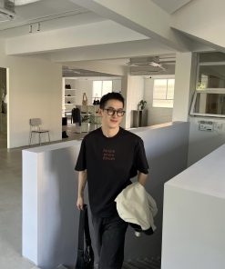 Korean Style Black and Gray Short Sleeve T-Shirt for Men, Minimalist Letter Embroidery Loose Casual Top