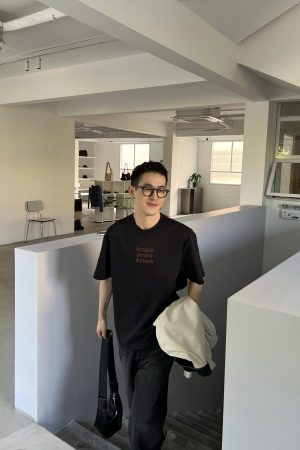 Korean Style Black and Gray Short Sleeve T-Shirt for Men, Minimalist Letter Embroidery Loose Casual Top