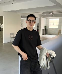 Korean Style Black and Gray Short Sleeve T-Shirt for Men, Minimalist Letter Embroidery Loose Casual Top