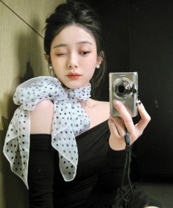 Korean Style Black and White Polka Dot Silk Scarf - Elegant Flowing Neck Tie, Fashionable Versatile Accessory for Any Outfit