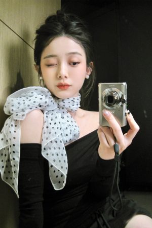 Korean Style Black and White Polka Dot Silk Scarf - Elegant Flowing Neck Tie, Fashionable Versatile Accessory for Any Outfit