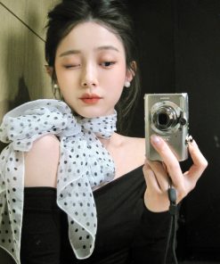 Korean Style Black and White Polka Dot Silk Scarf - Elegant Flowing Neck Tie, Fashionable Versatile Accessory for Any Outfit