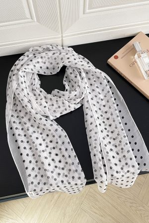 Korean Style Black and White Polka Dot Silk Scarf - Elegant Flowing Neck Tie, Fashionable Versatile Accessory for Any Outfit