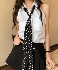 Korean Style Black and White Polka Dot Silk Scarf - Y2K Long Strip Neck Ribbon, High-End Hair Accessory for Women