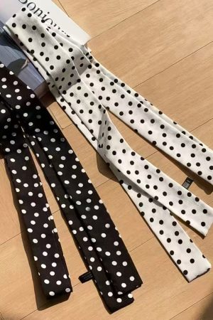 Korean Style Black and White Polka Dot Silk Scarf - Y2K Long Strip Neck Ribbon, High-End Hair Accessory for Women