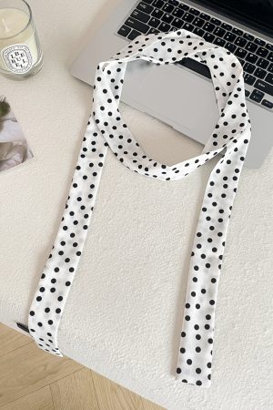 Korean Style Black and White Polka Dot Silk Scarf - Y2K Long Strip Neck Ribbon, High-End Hair Accessory for Women