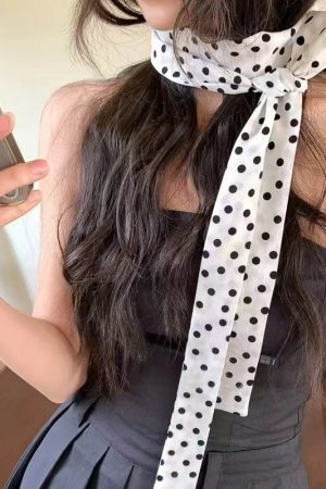 Korean Style Black and White Polka Dot Silk Scarf - Y2K Long Strip Neck Ribbon, High-End Hair Accessory for Women
