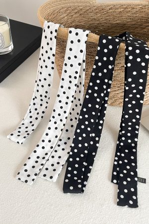 Korean Style Black and White Polka Dot Silk Scarf - Y2K Long Strip Neck Ribbon, High-End Hair Accessory for Women