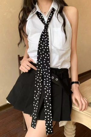 Korean Style Black and White Polka Dot Silk Scarf - Y2K Long Strip Neck Ribbon, High-End Hair Accessory for Women