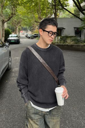 Korean Style Black Washed Knitted Sweater for Men - Casual Round Neck Vertical Stripe Autumn Winter Layering Top