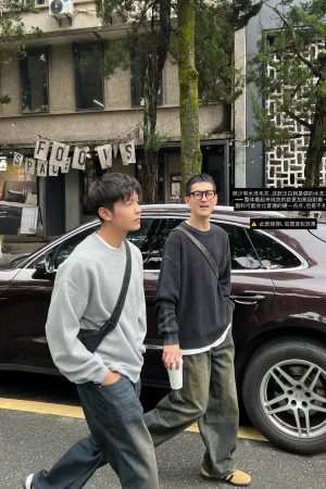 Korean Style Black Washed Knitted Sweater for Men - Casual Round Neck Vertical Stripe Autumn Winter Layering Top