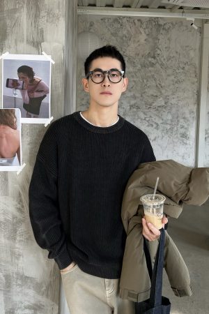 Korean Style Black Washed Sweater for Men - Loose Fit Casual Knitted Top for Autumn and Winter, Versatile Everyday Essential