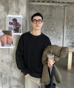 Korean Style Black Washed Sweater for Men - Loose Fit Casual Knitted Top for Autumn and Winter, Versatile Everyday Essential