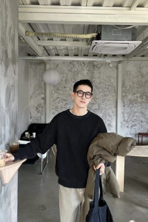 Korean Style Black Washed Sweater for Men - Loose Fit Casual Knitted Top for Autumn and Winter, Versatile Everyday Essential