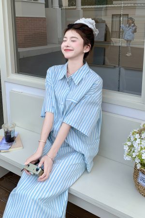 Korean Style Blue and White Striped Shirt and High-Waisted Skirt Set for Women, Versatile Summer 2025 Two-Piece Outfit