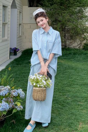 Korean Style Blue and White Striped Shirt and High-Waisted Skirt Set for Women, Versatile Summer 2025 Two-Piece Outfit