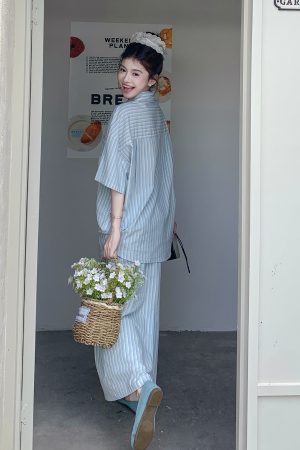 Korean Style Blue and White Striped Shirt and High-Waisted Skirt Set for Women, Versatile Summer 2025 Two-Piece Outfit