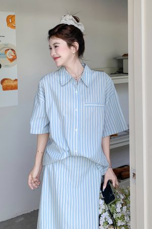 Korean Style Blue and White Striped Shirt and High-Waisted Skirt Set for Women, Versatile Summer 2025 Two-Piece Outfit