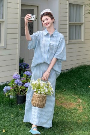 Korean Style Blue and White Striped Shirt and High-Waisted Skirt Set for Women, Versatile Summer 2025 Two-Piece Outfit