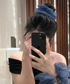 Korean Style Blue Checkered Mesh Hair Tie with Flower Accent for Low Ponytail and Bun â€“ Lazy Chic Accessory