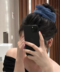 Korean Style Blue Checkered Mesh Hair Tie with Flower Accent for Low Ponytail and Bun – Lazy Chic Accessory