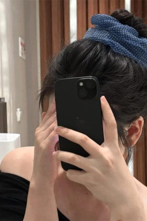 Korean Style Blue Checkered Mesh Hair Tie with Flower Accent for Low Ponytail and Bun â€“ Lazy Chic Accessory