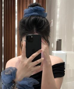 Korean Style Blue Checkered Mesh Hair Tie with Flower Accent for Low Ponytail and Bun – Lazy Chic Accessory