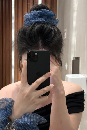 Korean Style Blue Checkered Mesh Hair Tie with Flower Accent for Low Ponytail and Bun â€“ Lazy Chic Accessory