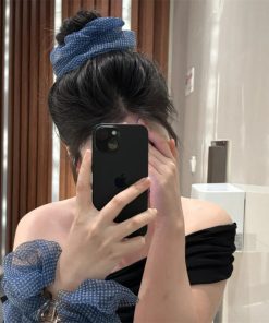 Korean Style Blue Checkered Mesh Hair Tie with Flower Accent for Low Ponytail and Bun – Lazy Chic Accessory