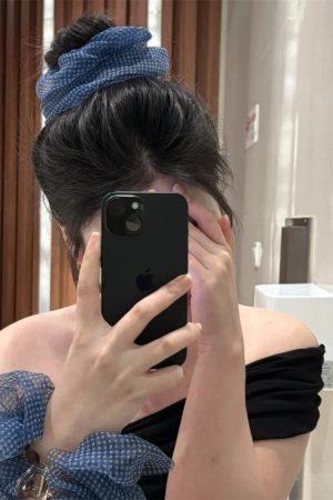Korean Style Blue Checkered Mesh Hair Tie with Flower Accent for Low Ponytail and Bun â€“ Lazy Chic Accessory
