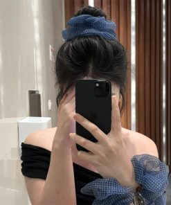 Korean Style Blue Checkered Mesh Hair Tie with Flower Accent for Low Ponytail and Bun â€“ Lazy Chic Accessory