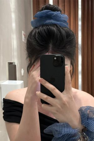 Korean Style Blue Checkered Mesh Hair Tie with Flower Accent for Low Ponytail and Bun â€“ Lazy Chic Accessory