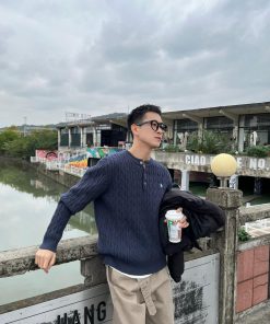 Korean Style Blue Twisted Embroidery Henley Collar Sweater for Men - Casual Autumn Fashion Top