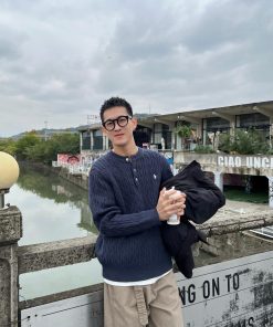 Korean Style Blue Twisted Embroidery Henley Collar Sweater for Men - Casual Autumn Fashion Top