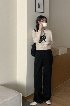 Korean Style Bow Pattern Round Neck Knitted Sweater - Cute Romantic Design, Trendy 2025 Fashion for Effortless Style