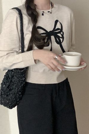 Korean Style Bow Pattern Round Neck Knitted Sweater - Cute Romantic Design, Trendy 2025 Fashion for Effortless Style
