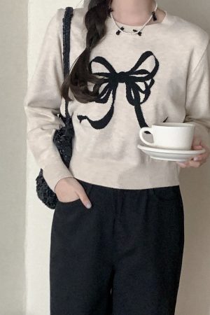 Korean Style Bow Pattern Round Neck Knitted Sweater - Cute Romantic Design, Trendy 2025 Fashion for Effortless Style