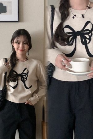 Korean Style Bow Pattern Round Neck Knitted Sweater - Cute Romantic Design, Trendy 2025 Fashion for Effortless Style