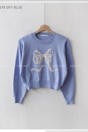 Korean Style Bow Pattern Round Neck Knitted Sweater - Cute Romantic Design, Trendy 2025 Fashion for Effortless Style