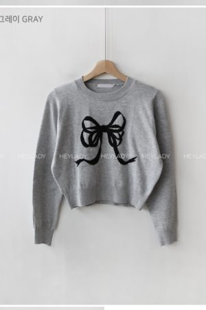 Korean Style Bow Pattern Round Neck Knitted Sweater - Cute Romantic Design, Trendy 2025 Fashion for Effortless Style