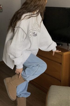 Korean Style Brooklyn Letter Embroidery Splicing Loose Sports Sweatshirt for Casual Wear