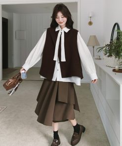 Korean Style Brown Knitted Vest, Half Skirt & Off-White Shirt 3-Piece Fashion Set for Trendy Outfits