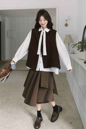 Korean Style Brown Knitted Vest, Half Skirt & Off-White Shirt 3-Piece Fashion Set for Trendy Outfits