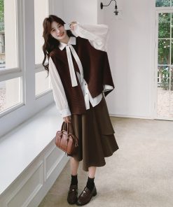 Korean Style Brown Knitted Vest, Half Skirt & Off-White Shirt 3-Piece Fashion Set for Trendy Outfits